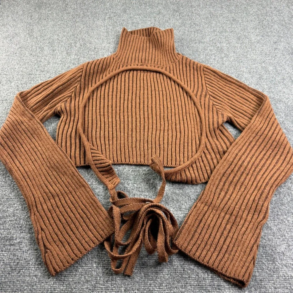 Darker Waves Sweater Medium Brown Cutout Ribbed Knit Mock Neck Crop Top Women's